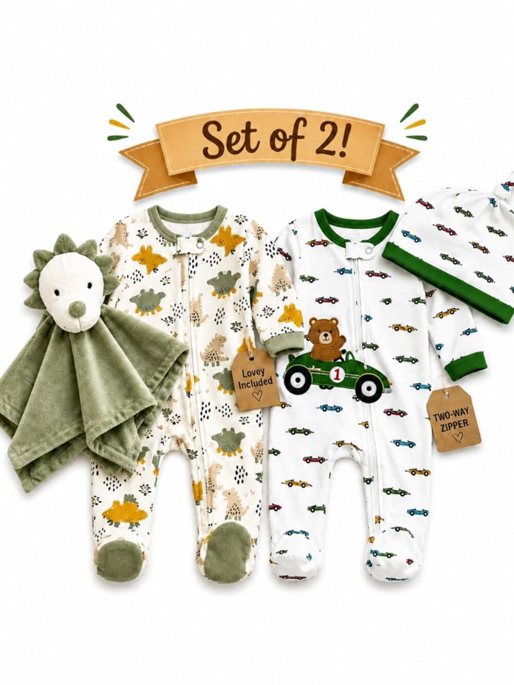 NWT Baby Essentials Baby Boy Footed Sleeper Set of 2 w/ Lovey & Cap Size 3 Month